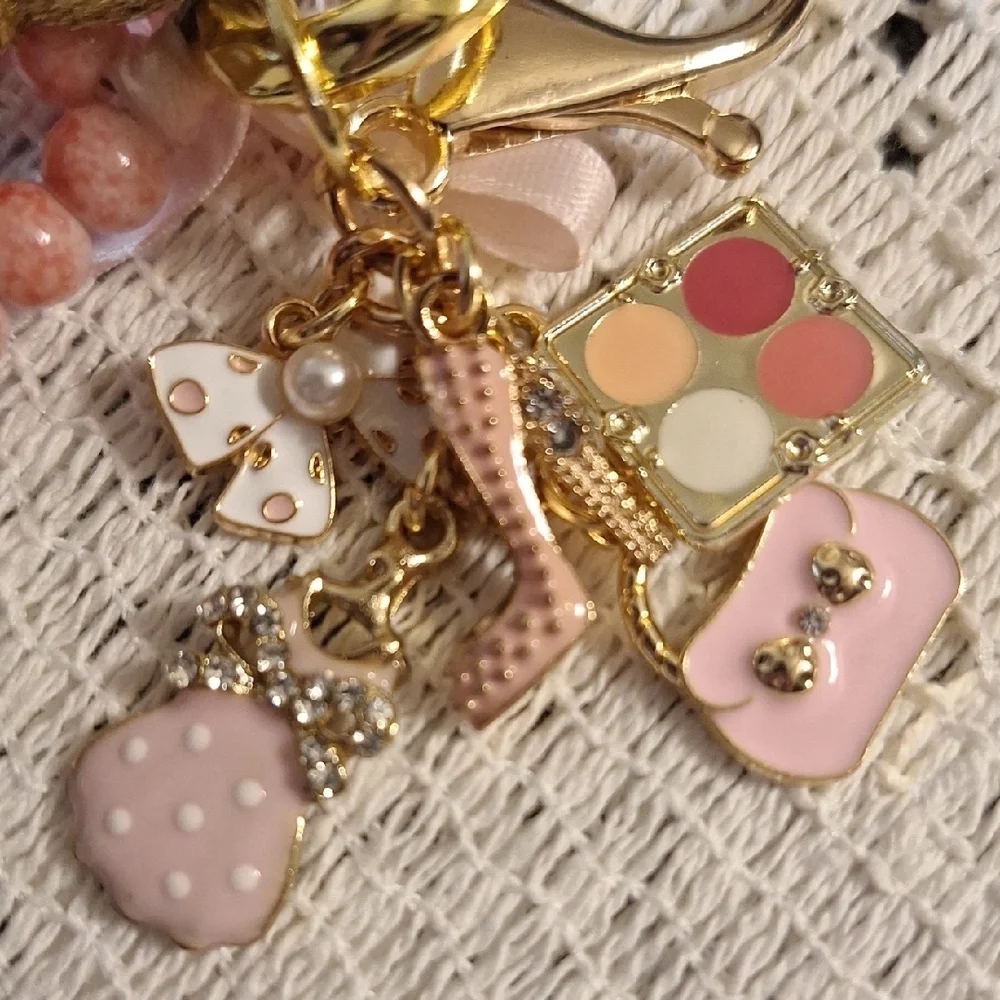 Feminine Charms Gold and Pink Beaded Keychain/Handbag Charm/Backpack Charm.
